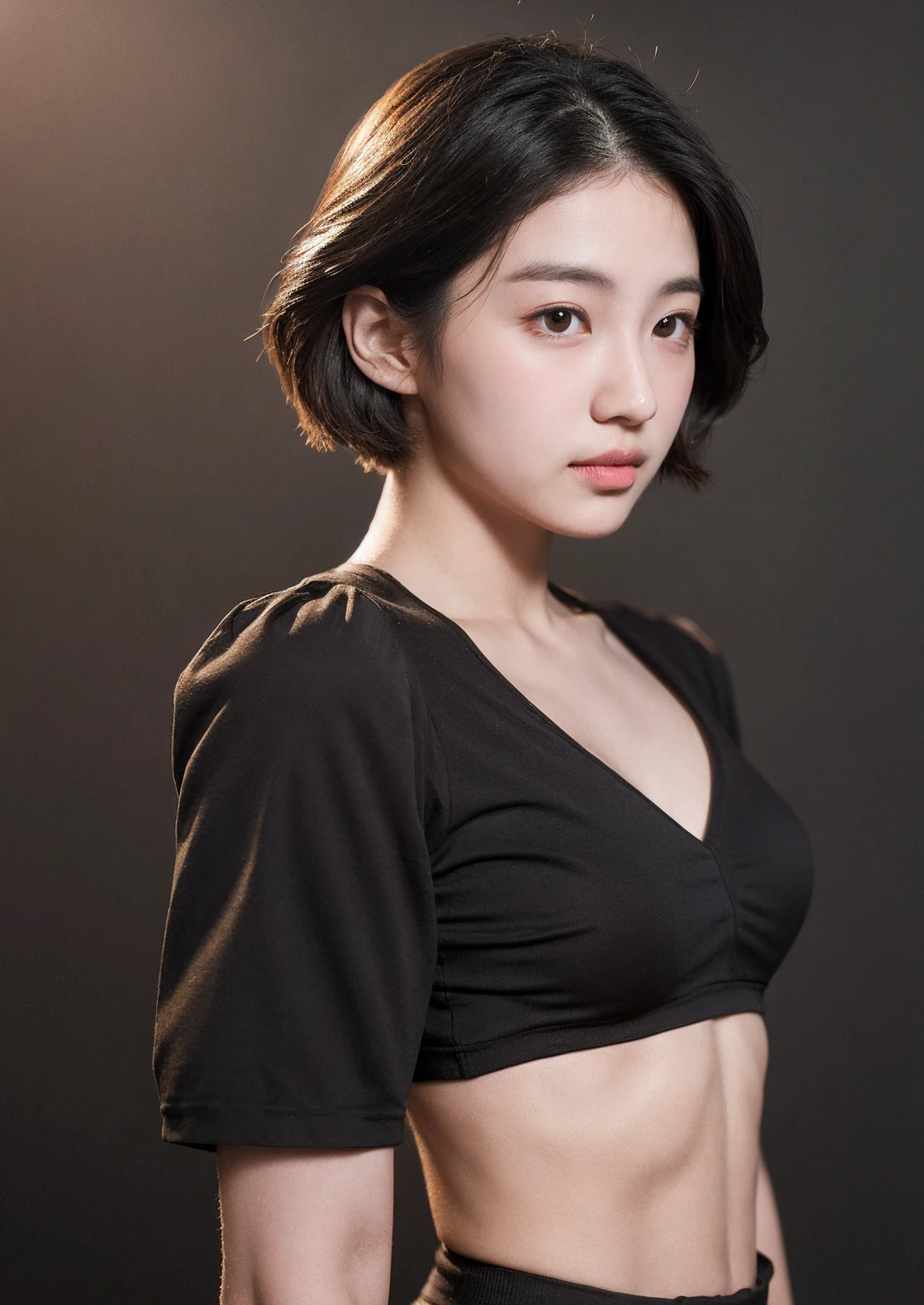 (Masseter muscle area), Realistically, 16 years old,Photorealist, One Girl, alone,Beautiful Face、A vivid face、Erect nipples, Black-haired、short hair、Beautiful hairstyle、Lips parted, Realistic Skin、Beautiful skins、attractive、Cute blouse、 Upper body,Detailed,Dark Background,Backlight、