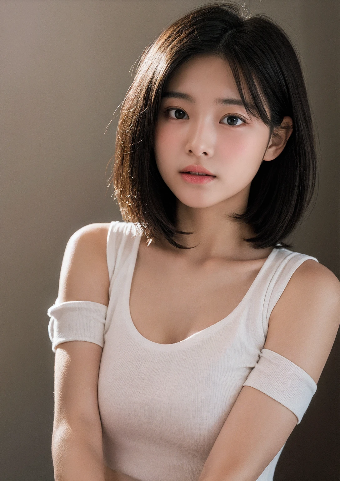 One Girl, Aesthetic artwork, Random hairstyles for short hair and updos,Light grey eyes, Pale skin, cup, Small breasts, body, (Textured skin, Skin pores:1.1), It gives me goosebumps, half body shot, Wearing a white crop top T-shirt, (Protruding nipples:1.1) , Fascinating, Sexy Photos, Shaved, Perfect Vagina, (Highly detailed 8k wallpaper), Soft lighting, high quality, Film Grain, Fujifilm XT3 Sharp Focus, 5 ....6, 50mm, High detail, Sharp focus,(Natural light), Crazy Details, Intricate details, Ultra-detailed, Windy weather, sunny, ealy afternoon sunny lighting