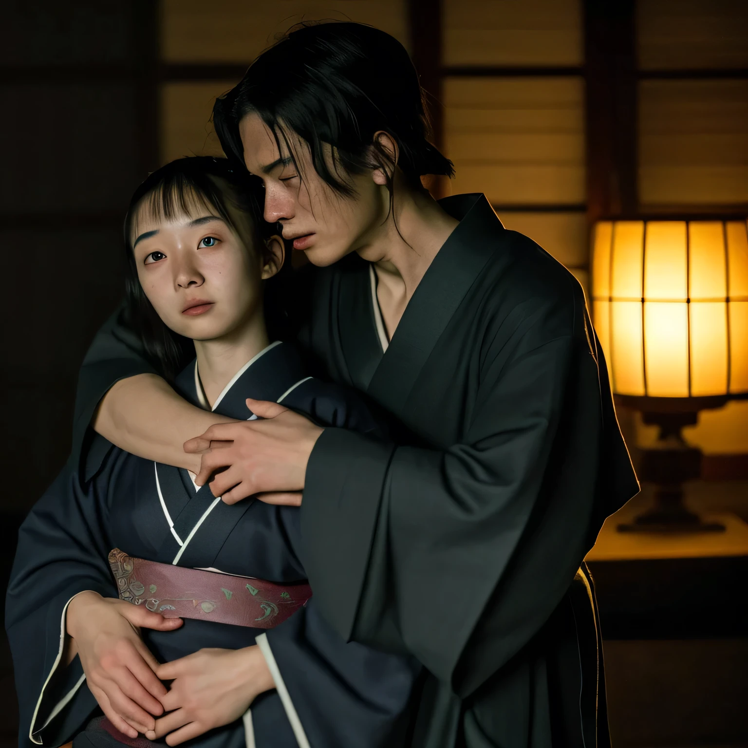 (8K)、(highest quality: 1.2)、(Real)、(Real: 1.37)、Ultra-high resolution、horror film、Dark world、Japan Edo Period、(((Perfect Face)))Japan in the 1700s、In a dimly lit Japanese-style room、An 18-year-old girl in an old kimono embraces a 15-year-old boy.,comfort women