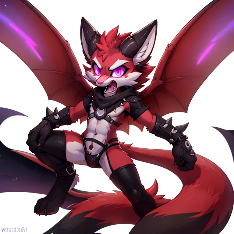 Anthropomorphic male crimson fox, with purple eyes, pink nose, black ears, black sholders, long twirl horns, two tails, white hands, with wings with a spike on top, full body view, evil pose, with an angry, white background, digital art, solo, yelling, arms extended to the sides, looking at viewer, hands opened, long frontal teeths, glowing eyes, weirdcore voidpunk, sfw version, yelling
