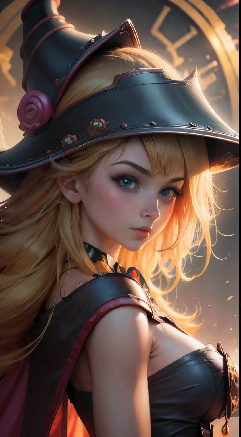 Hermosa joven dark magician gils con cabello rubio y ojos verdes、estilo animado、Little  . Pose sujestiva y . Cara de inocencia cuerpo de pecado. Fondo de magia. Circulos magicos.