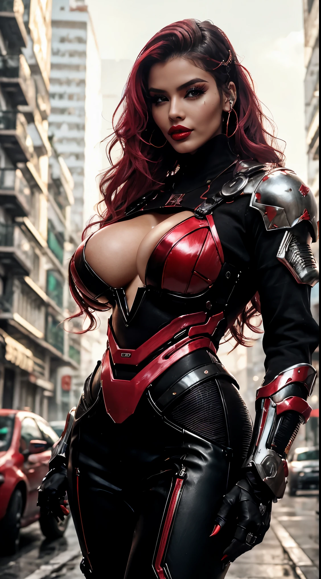 cyberpunk style, mulher de 25 s {bime, big tits,oluptuoso, red lips}, cyper policial sexy, red cyber ar {CyberskullAI}, em uma cidade futurista
