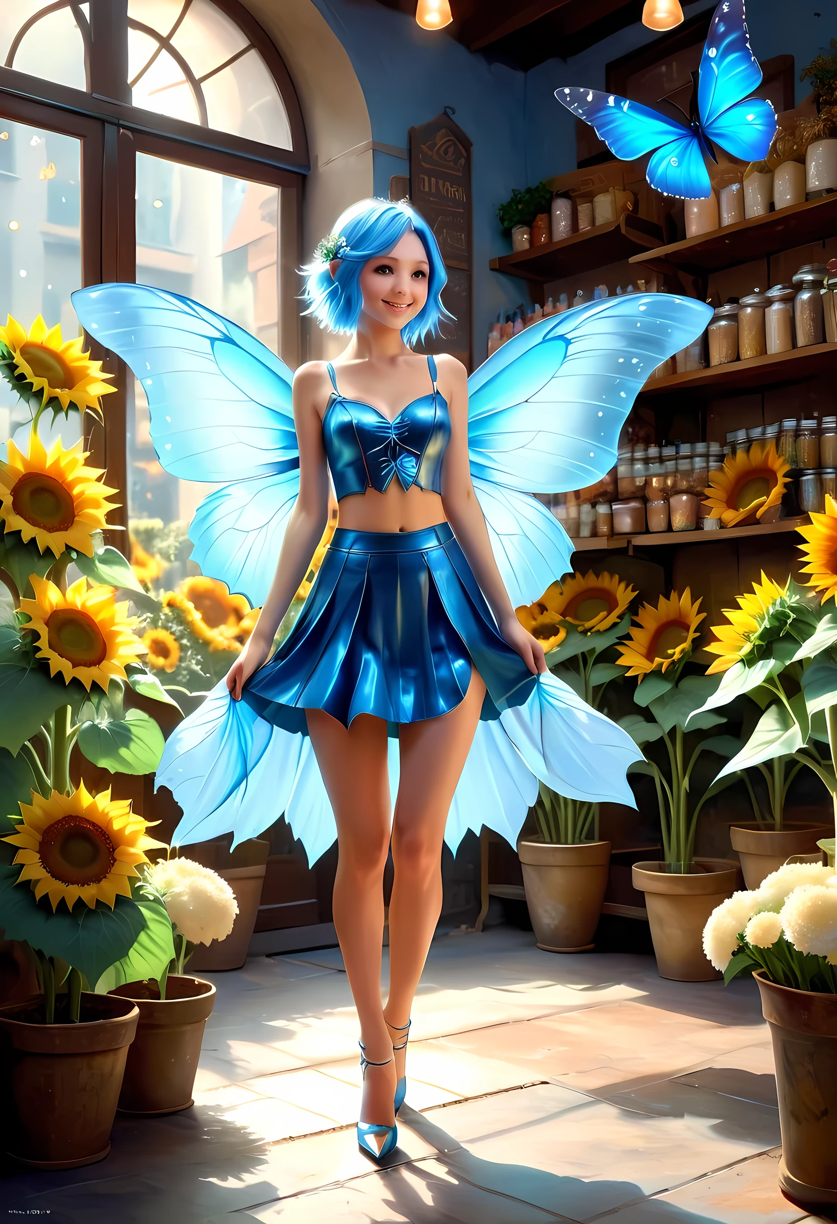 high details, best quality, 16k, RAW, [best detailed], masterpiece, best quality, (extremely detailed), GlowingRunes_paleblue, full body, ultra wide shot, photorealistic, fantasy art, RPG art, D&D art, a picture of a fairy selling flowers in a florist shop, extremely beautiful fairy, ultra feminine (intense details, Masterpiece, best quality), (Blue: 1.3) butterfly wings (intense details, Masterpiece, best quality), blue and white wings (intense details, Masterpiece, best quality),  azure hair, pixie cut hair, shinning hair, flowing hair, shy smile, innocent smile, blue eyes, wearing bright blue skirt, dynamic elegant shirt, chocker, wearing high heels, in flower shop (intense details, Masterpiece, best quality), extreme many (sunflowers: 1.3) (intense details, Masterpiece, best quality), sunflower shop in a modern era street, High Detail, Ultra High Quality, High Resolution, 16K Resolution, Ultra HD Pictures, Ultra Realistic, Clear Details, Realistic Detail, Ultra High Definition, Big Fairy Wings, wearing edgLL leather lingerie