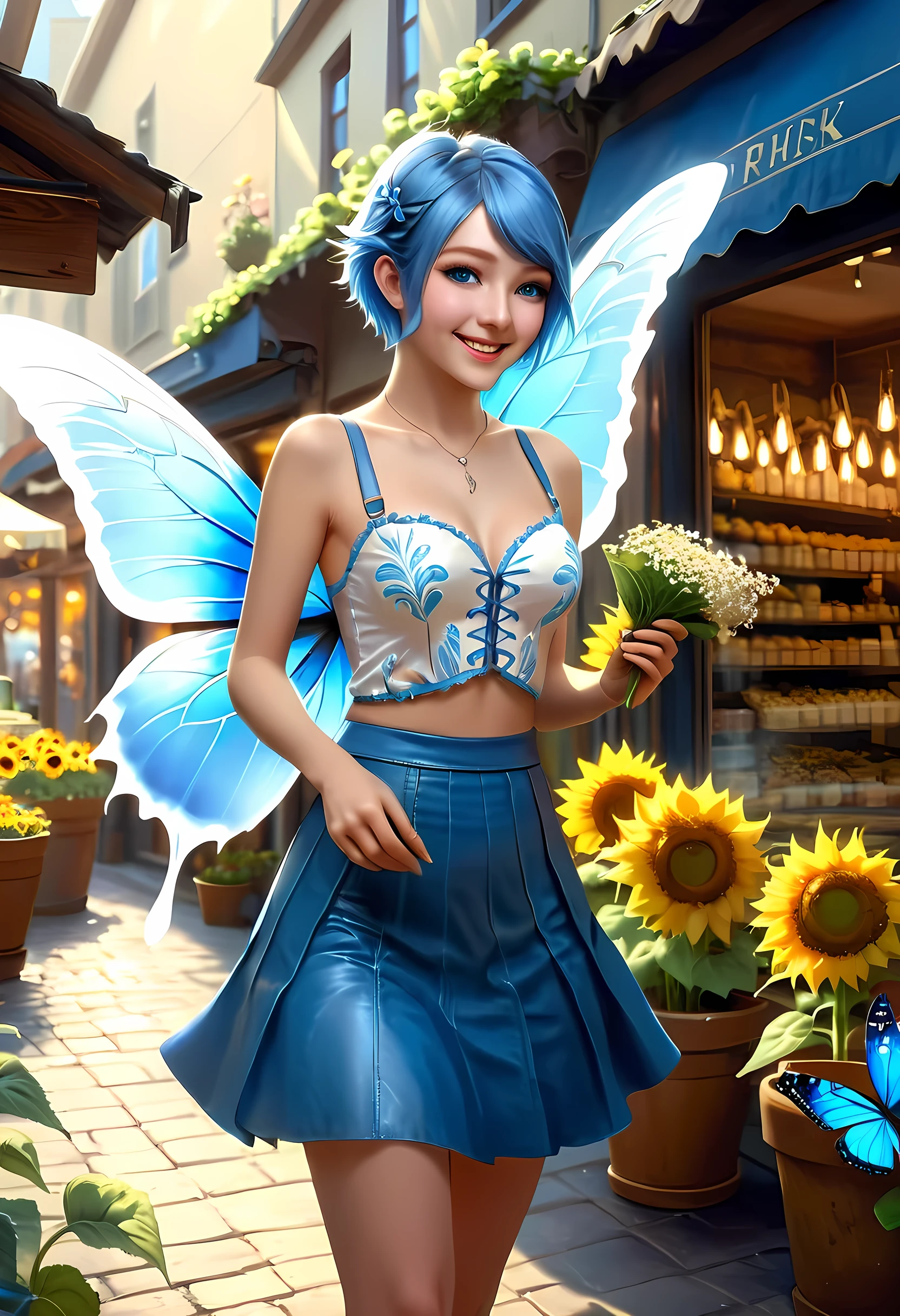 high details, best quality, 16k, RAW, [best detailed], masterpiece, best quality, (extremely detailed), GlowingRunes_paleblue, full body, ultra wide shot, photorealistic, fantasy art, RPG art, D&D art, a picture of a fairy selling flowers in a florist shop, extremely beautiful fairy, ultra feminine (intense details, Masterpiece, best quality), (Blue: 1.3) butterfly wings (intense details, Masterpiece, best quality), blue and white wings (intense details, Masterpiece, best quality),  azure hair, pixie cut hair, shinning hair, flowing hair, shy smile, innocent smile, blue eyes, wearing bright blue skirt, dynamic elegant shirt, chocker, wearing high heels, in flower shop (intense details, Masterpiece, best quality), extreme many (sunflowers: 1.3) (intense details, Masterpiece, best quality), sunflower shop in a modern era street, High Detail, Ultra High Quality, High Resolution, 16K Resolution, Ultra HD Pictures, Ultra Realistic, Clear Details, Realistic Detail, Ultra High Definition, Big Fairy Wings, wearing edgLL leather lingerie