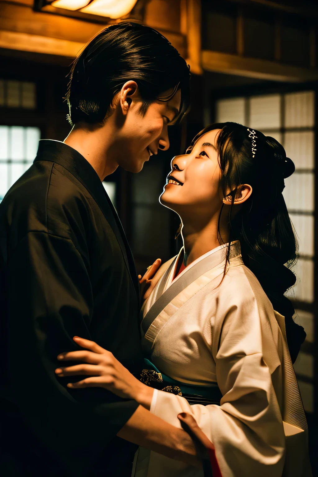 (8K)、(highest quality: 1.2)、(Real)、(Real: 1.37)、Ultra-high resolution、horror film、Dark world、Japan Edo Period、(((Perfect Face)))、Japan in the 1700s、An 18-year-old girl wearing an old kimono embraces a man in a dimly lit Japanese-style room.,comfort women