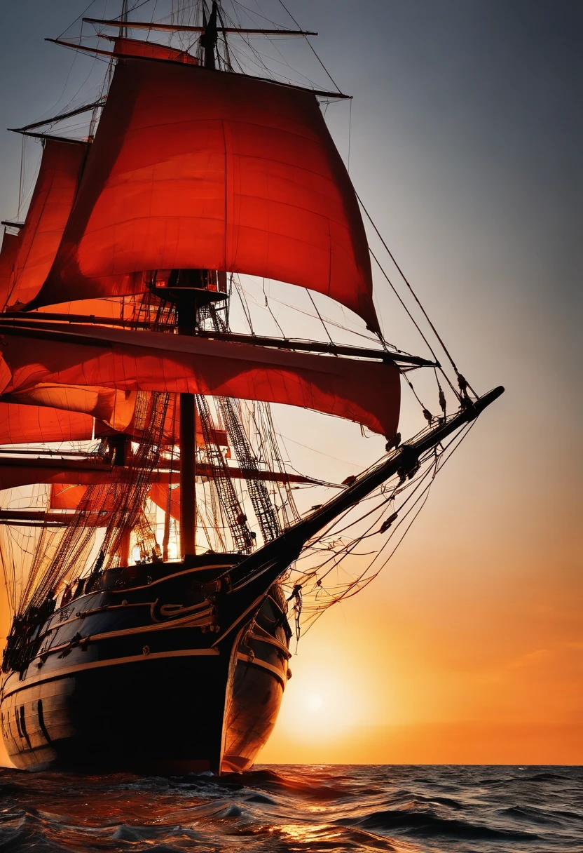 Four-masted brig, White board, Golden ropes, Scarlet Sails, Wind in the sails, Sunrise at sea, Sailing from east to west, Red Sails, blue ocean, clear sky, Odessa Film Studio, Odessa