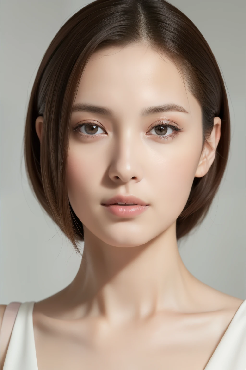 highest quality, masterpiece, High resolution, Photorealistic, Raw photo, 8k wallpaper, perfection, Professional Lighting, Very detailed, Depth of written boundary,Pale plain background, ((One beautiful woman)), ((33 years old)), Sexy Woman, Detailed face, Beautiful Eyes, Shapely small breasts, Light brown straight hair, Faint lips, ((Facing forward)), ((Look into the viewer&#39;s eyes)), Serious expression, sweater