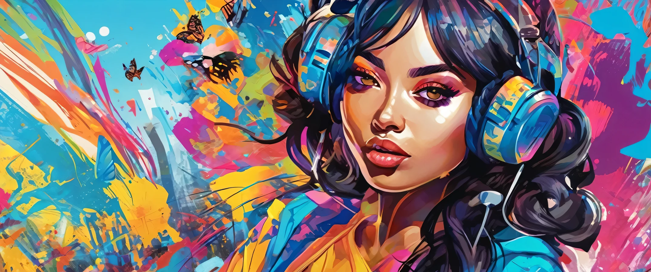 (best quality, 4k, 8k, high resolution, masterpiece: 1.2), ultra detailed colors, realistic, professional, vivid, bokeh, portrait, urban, fashion, animated atmosphere, pop art: 1.1, (blue butterfly graffiti art: 1.1 ), cartoon elements, rapper outfit, casual pose, confident expression, detailed facial features, long colorful hair: 1.1, spray paint, art tools, cityscape background, bright sunlight, shadows and reflections, texture of the wall: 1.1, contrast, sharp edges, Impressive depth of field.