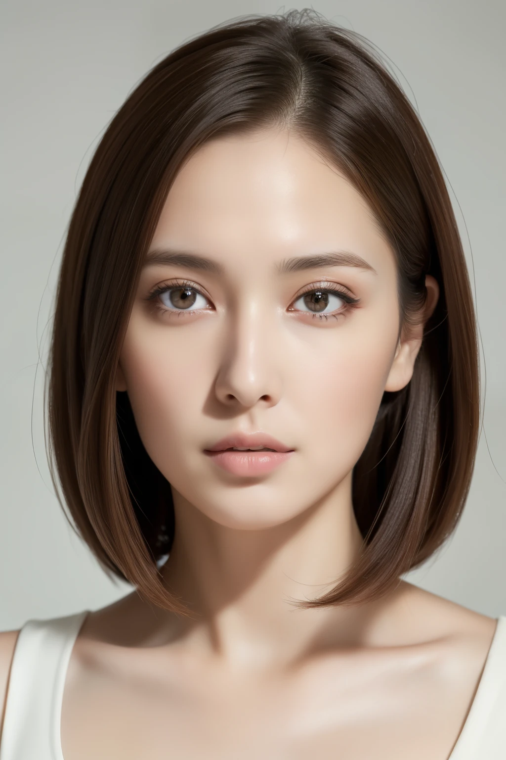 highest quality, masterpiece, High resolution, Photorealistic, Raw photo, 8k wallpaper, perfection, Professional Lighting, Very detailed, Depth of written boundary,Pale plain background, ((One beautiful woman)), ((33 years old)), Sexy Woman, Detailed face, Beautiful Eyes, Shapely small breasts, Light brown straight hair, Faint lips, ((Facing forward)), ((Look into the viewer&#39;s eyes)), Serious expression, sweater
