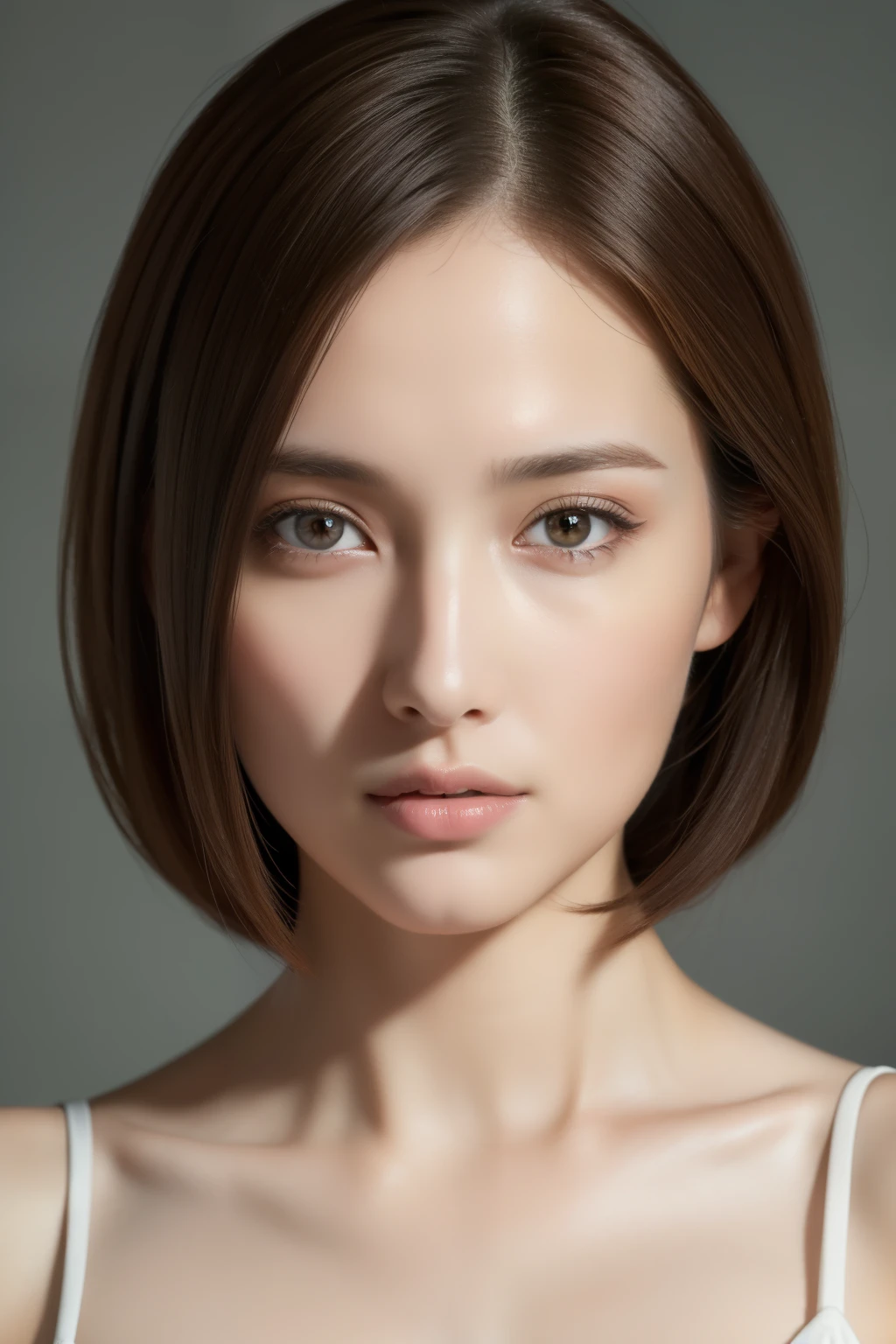 highest quality, masterpiece, High resolution, Photorealistic, Raw photo, 8k wallpaper, perfection, Professional Lighting, Very detailed, Depth of written boundary,Pale plain background, ((One beautiful woman)), ((33 years old)), Sexy Woman, Detailed face, Beautiful Eyes, Shapely small breasts, Light brown straight hair, Faint lips, ((Facing forward)), ((Look into the viewer's eyes)), Serious expression, sweater