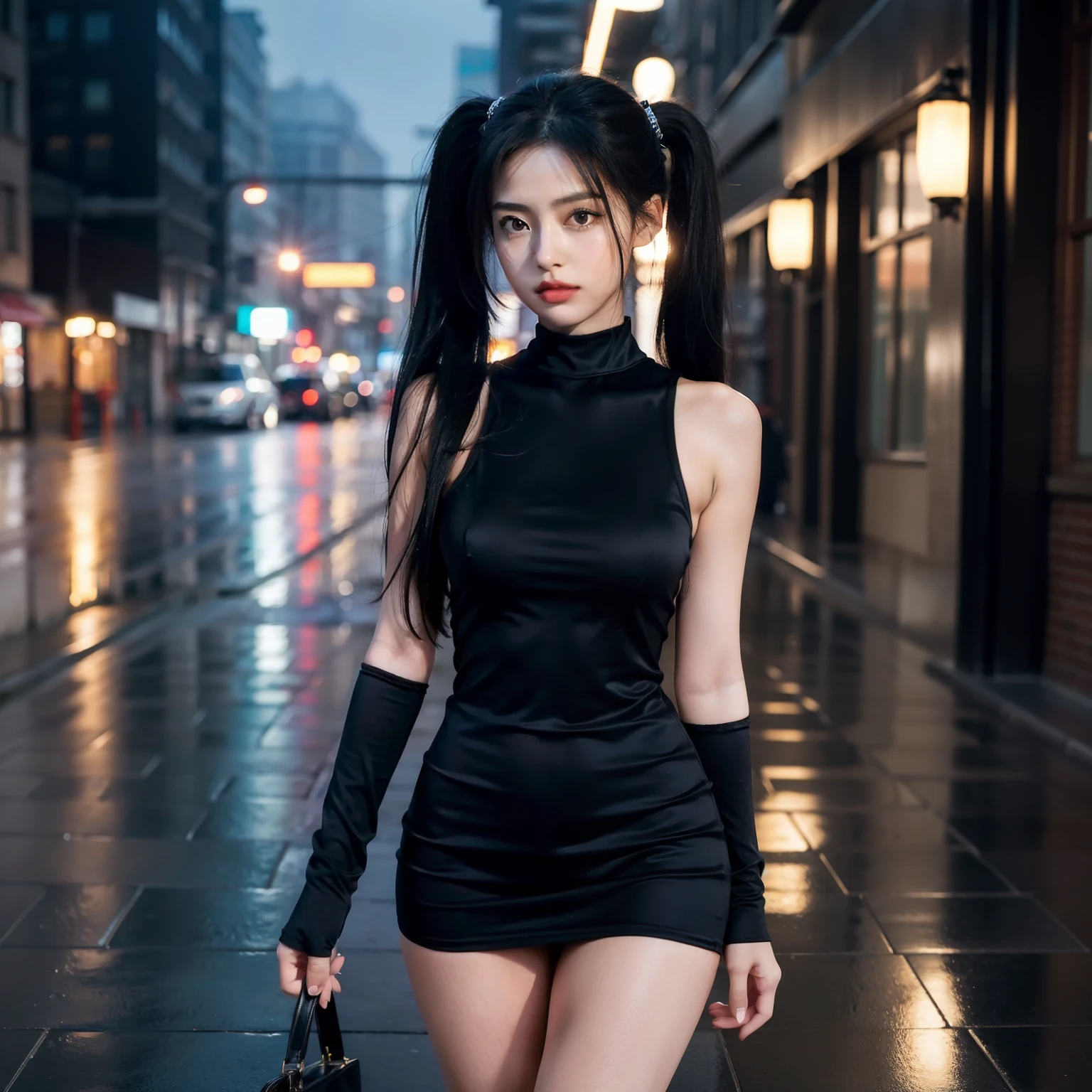 (Masterpiece, highest quality: 1.2), One girl, soloomon)--(Masterpiece, highest quality: 1.2), A lone girl--(8K, highest quality, masterpiece: 1.2), real-life replication, exceedingly detailed, Ultra-high resolution, meticulous lighting, photon mapping, ray tracing, Dimly lit, rain-soaked alley--(Whole body), A beautiful girl standing alone--(Black hair), Silky and lustrous, cascading in twin tails--(Thighs), Sculpted and toned, form-fitting to her frame--(Mini bodycon dress), A vibrant, color-