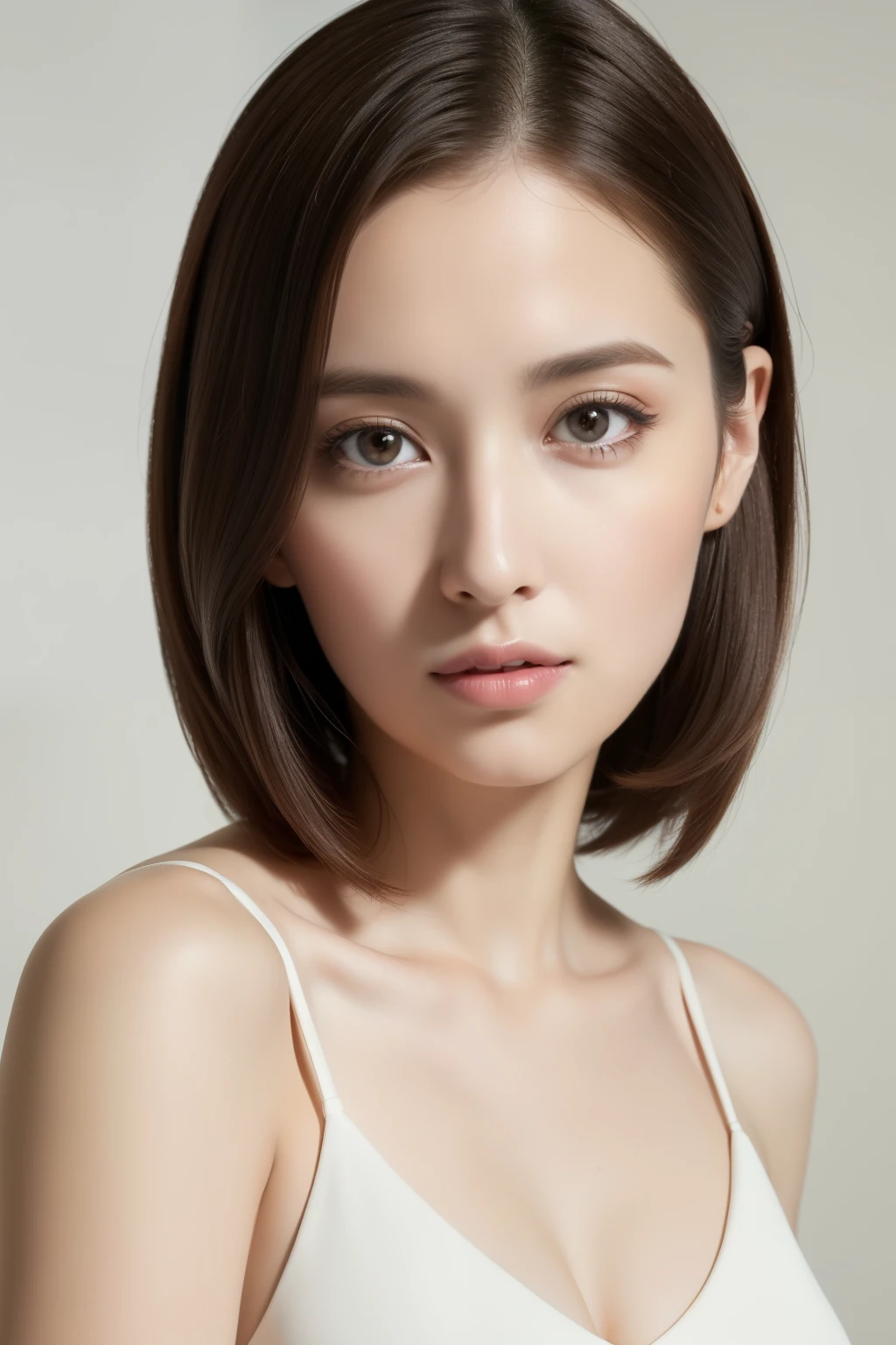 highest quality, masterpiece, High resolution, Photorealistic, Raw photo, 8k wallpaper, perfection, Professional Lighting, Very detailed, Depth of written boundary,Pale plain background, ((One beautiful woman)), ((33 years old)), Sexy Woman, Detailed face, Beautiful Eyes, Shapely small breasts, Light brown straight hair, Faint lips, ((Facing forward)), ((Look into the viewer's eyes)), Serious expression, sweater
