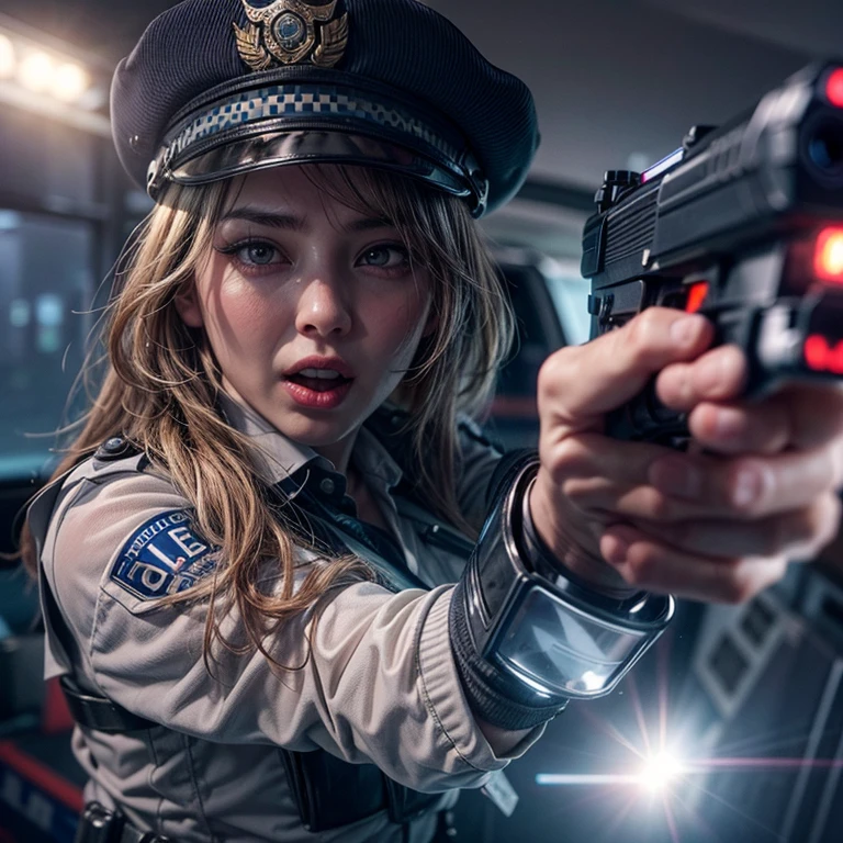 ((Female police officer pointing a gun at the camera: 1.2)), her blouse is very tight, it threatens to open her blouse, tight skirt, gun, fishnet stockings, over the knee boots, gun holster, red long fingernails, long black mascara eyelashes, eye shadow, gloss lipstick, copper blonde long hair, shiny Outfit, V-neck Blouse, in front of a police car, blue light, police cap, energetic facial expression, dynamically dangerous situation, annoyed, licking lips, lens flare, emphasis lines, Eye-Level Shot, Canon, Fujifilm, first-person view, dutch angle, wide shot, atmospheric perspective, cinematic lighting, masterpiece, retina, textured skin, high details