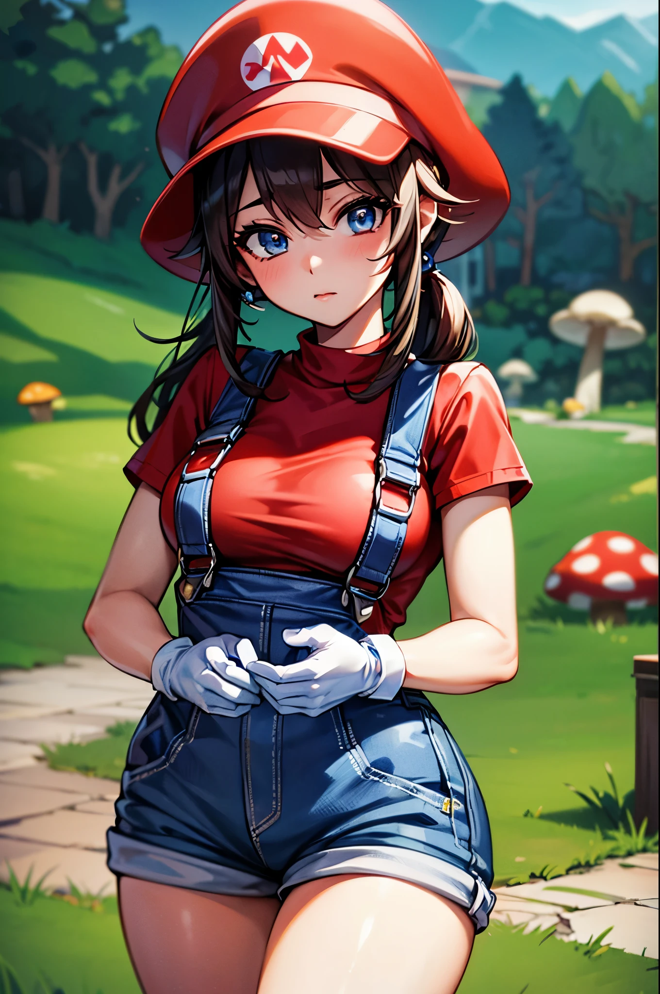 (masterpiece, best quality:1.2), expressive eyes, perfect face, highres, 1girl, solo, (female:1.5), supermario, blue overalls, red shirt, red cap, (white gloves:1.1), blue eyes, mushroom, landscape, standing, upper body portrait, looking at the viewer