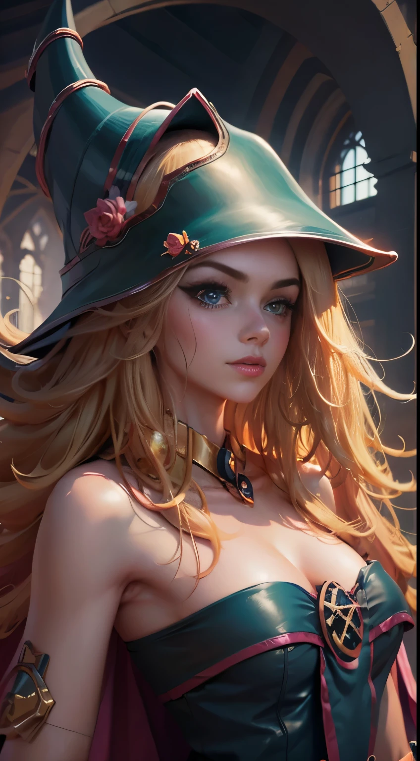 Hermosa joven dark magician gils con cabello rubio y ojos verdes、estilo animado、Little . Pose sujestiva y . Cara de inocencia cuerpo de pecado. Fondo de magia. Circulos magicos.