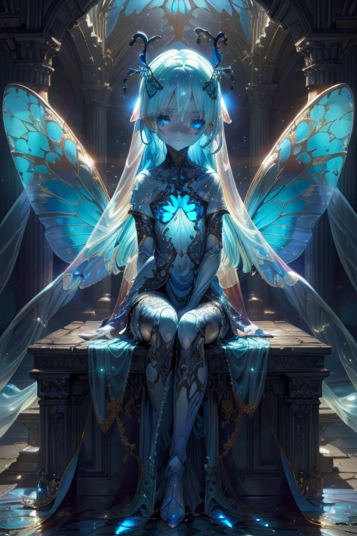 girl with blue butterfly wings, (Translucent skin:1.2), No humans, blue hair, partial fused exoskeleton, Beautiful eyes with fine symmetry, (Intricate details:1.4), (Highly detailed face and eyes:1.2), slim figure, many blue spectral butterflies, posing sitting for a photo, anime, fantasy, detailed background, 2D, CG, (Highly detailed), (high resolution), (Best quality), (masterpiece)
