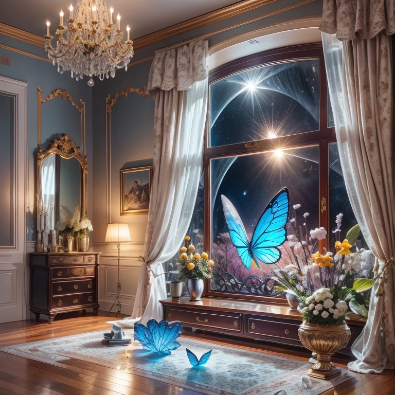 (La best quality,high resolution,Ultra Detailed,Practical)，Blue butterfly formed from jelly，in the room，Christmas decoration，surrounded by christmas gifts，A masterpiece full of fantasy elements）））， （（best quality））， （（Intricate details））（8k）