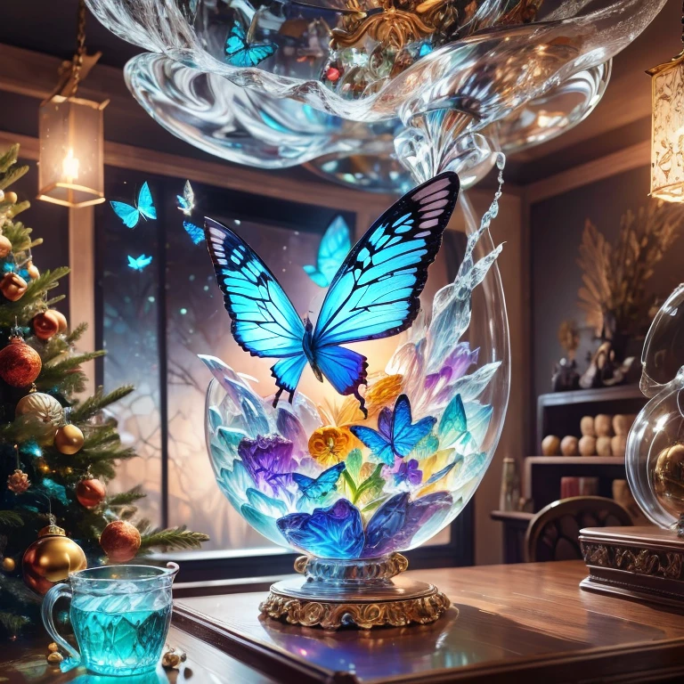 (La best quality,high resolution,Ultra Detailed,Practical)，Blue butterfly formed from jelly，in the room，Christmas decoration，surrounded by christmas gifts，A masterpiece full of fantasy elements）））， （（best quality））， （（Intricate details））（8k）