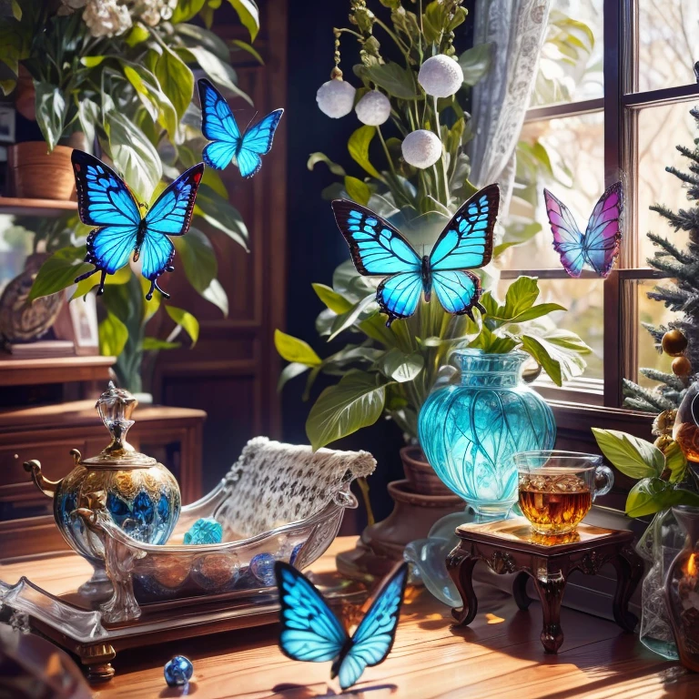 (La best quality,high resolution,Ultra Detailed,Practical)，Blue butterfly formed from jelly，in the room，Christmas decoration，surrounded by christmas gifts，A masterpiece full of fantasy elements）））， （（best quality））， （（Intricate details））（8k）