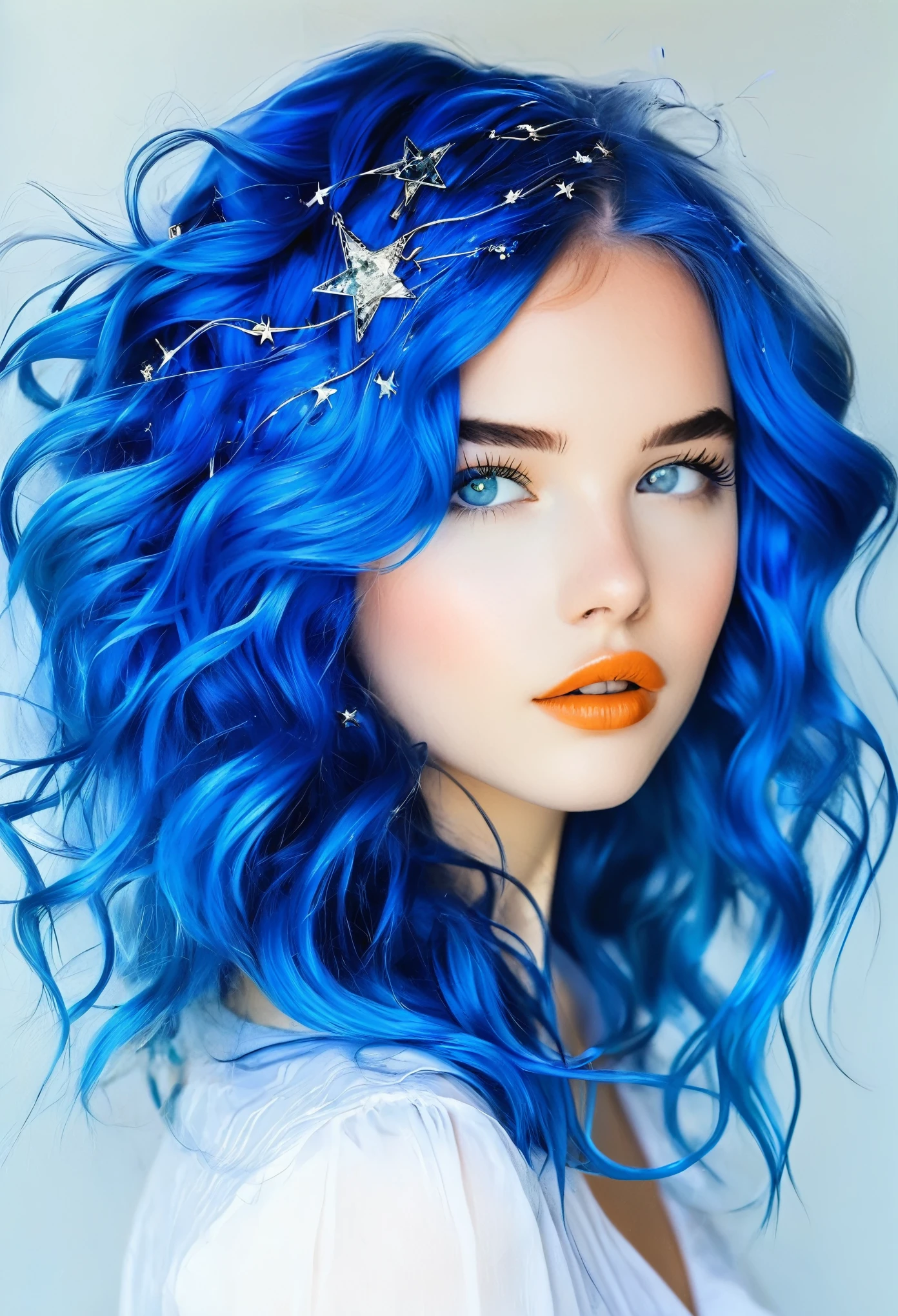 bellissima, 1girl, she is a striking young woman with electric blue hair that flows down to her shoulders in loose waves. Her hair is vibrant, reflecting her adventurous and creative spirit. It's a signature part of her look, often adorned with small silver hairpins and clips shaped like stars and moons.