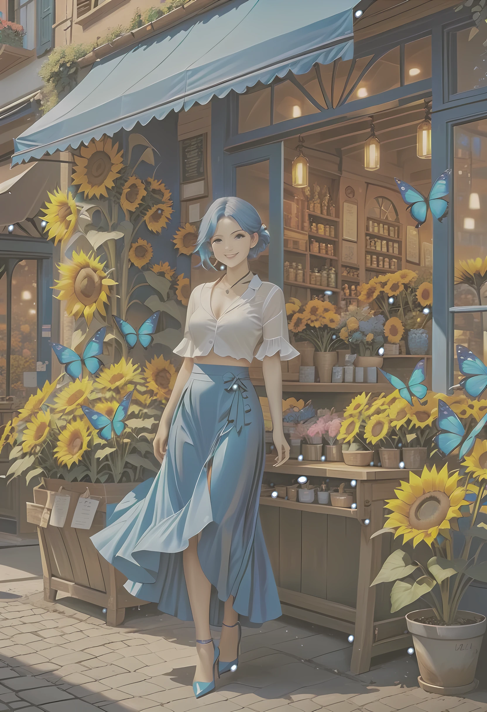 high details, best quality, 16k, RAW, [best detailed], masterpiece, best quality, (extremely detailed), GlowingRunes_paleblue, full body, ultra wide shot, photorealistic, fantasy art, RPG art, D&D art, a picture of a fairy selling flowers in a florist shop, extremely beautiful fairy, ultra feminine (intense details, Masterpiece, best quality), (Blue: 1.3) butterfly wings (intense details, Masterpiece, best quality), blue and white wings (intense details, Masterpiece, best quality),  azure hair, pixie cut hair, shinning hair, flowing hair, shy smile, innocent smile, blue eyes, wearing bright blue skirt, dynamic elegant shirt, chocker, wearing high heels, in flower shop (intense details, Masterpiece, best quality), extreme many (sunflowers: 1.3) (intense details, Masterpiece, best quality), sunflower shop in a modern era street, High Detail, Ultra High Quality, High Resolution, 16K Resolution, Ultra HD Pictures, Ultra Realistic, Clear Details, Realistic Detail, Ultra High Definition, Big Fairy Wings, wearing edgLL leather lingerie