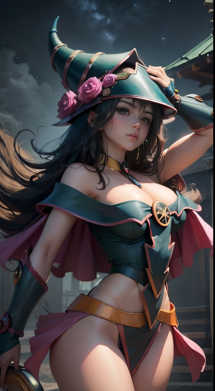 Hermosa joven dark magician gils con cabello rubio y ojos verdes、estilo animado、Little . Pose sujestiva y . Cara de inocencia cuerpo de pecado. Fondo de magia. Circulos magicos.