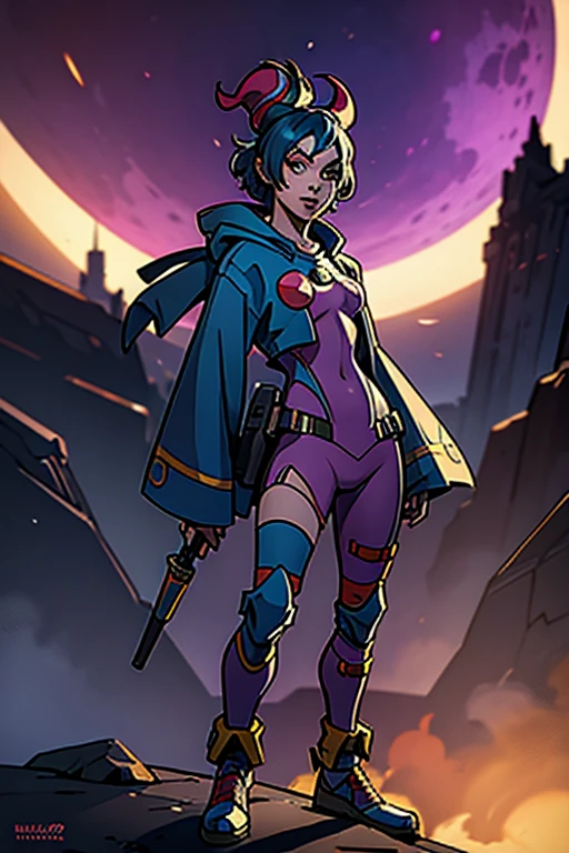 A crazy futuristic jester wandering around, science fiction background, digital art