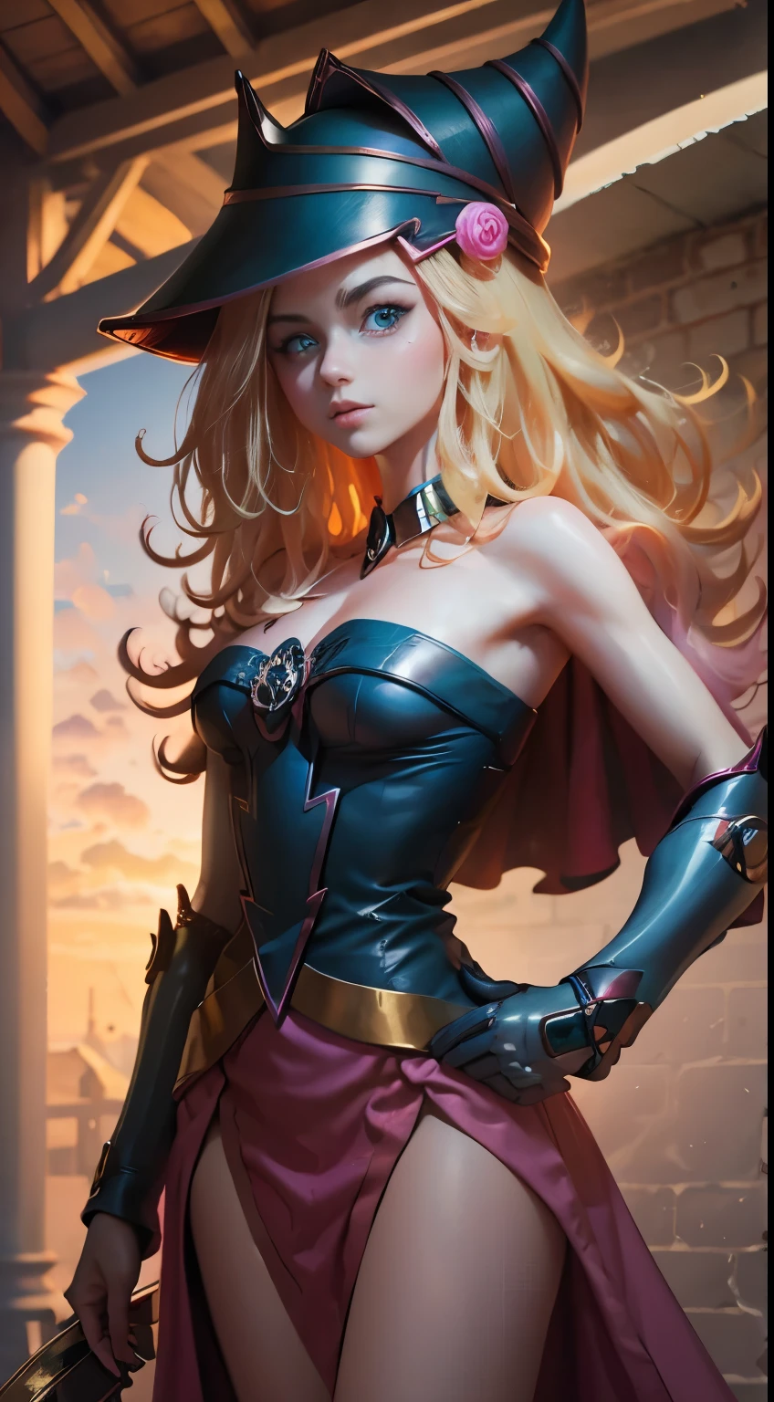 (8K,fotorrealista raw photography the highest quality;1.4) (1chica en) Super belleza (cara realista) cuerpo femenino (Rubia de rizos largos) Hold a black and red magic wand Escena de combate Magic hat with black and gold exterior Beautiful expression Deslumbramiento (Piel de aspecto real) (Giles magos oscuros) tentador super high resolution Un hiperrealista Alto detalle foto de cuerpo completo restos
