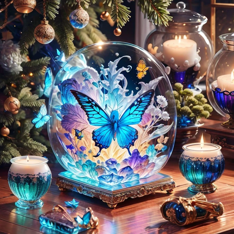 (La best quality,high resolution,Ultra Detailed,Practical)，Blue butterfly formed from jelly，in the room，Christmas decoration，surrounded by christmas gifts，A masterpiece full of fantasy elements）））， （（best quality））， （（Intricate details））（8k）