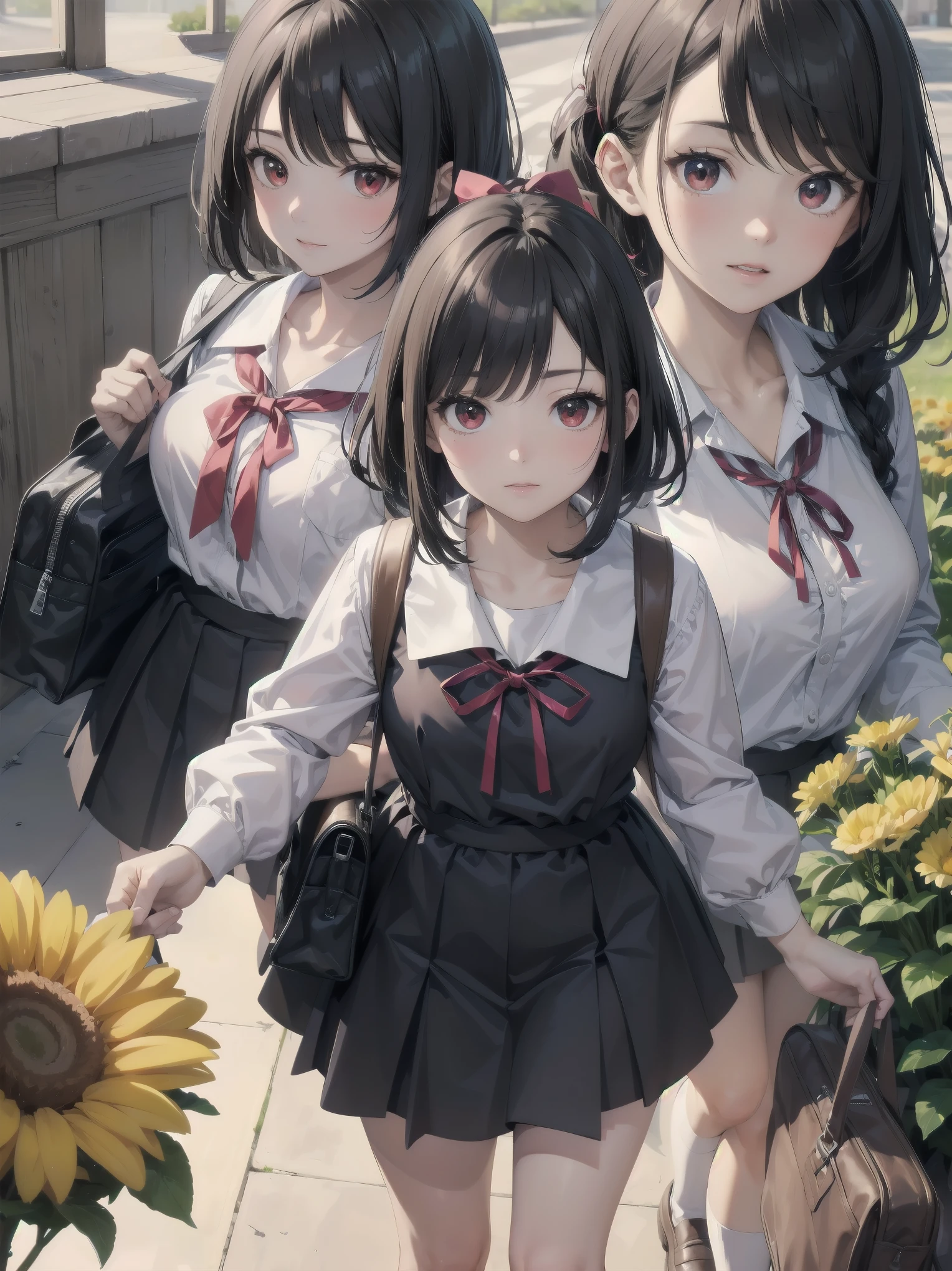 Masterpiece, top quality, super detailed, 16k, One girl, spring, high school, warm colors, school bag, accurate and highly detailed background, flock of schoolgirls in uniforms of various body shapes and hairstyles, cute. Blake. kaguya shinomiya, red eyes, black hair, ribbon, red ribbon, hair ribbon, parted bangs, folded ponytail, , shuuchiin academy , dress, sidelocks, breasts, black dress, collarbone, short hair, long sleeves
