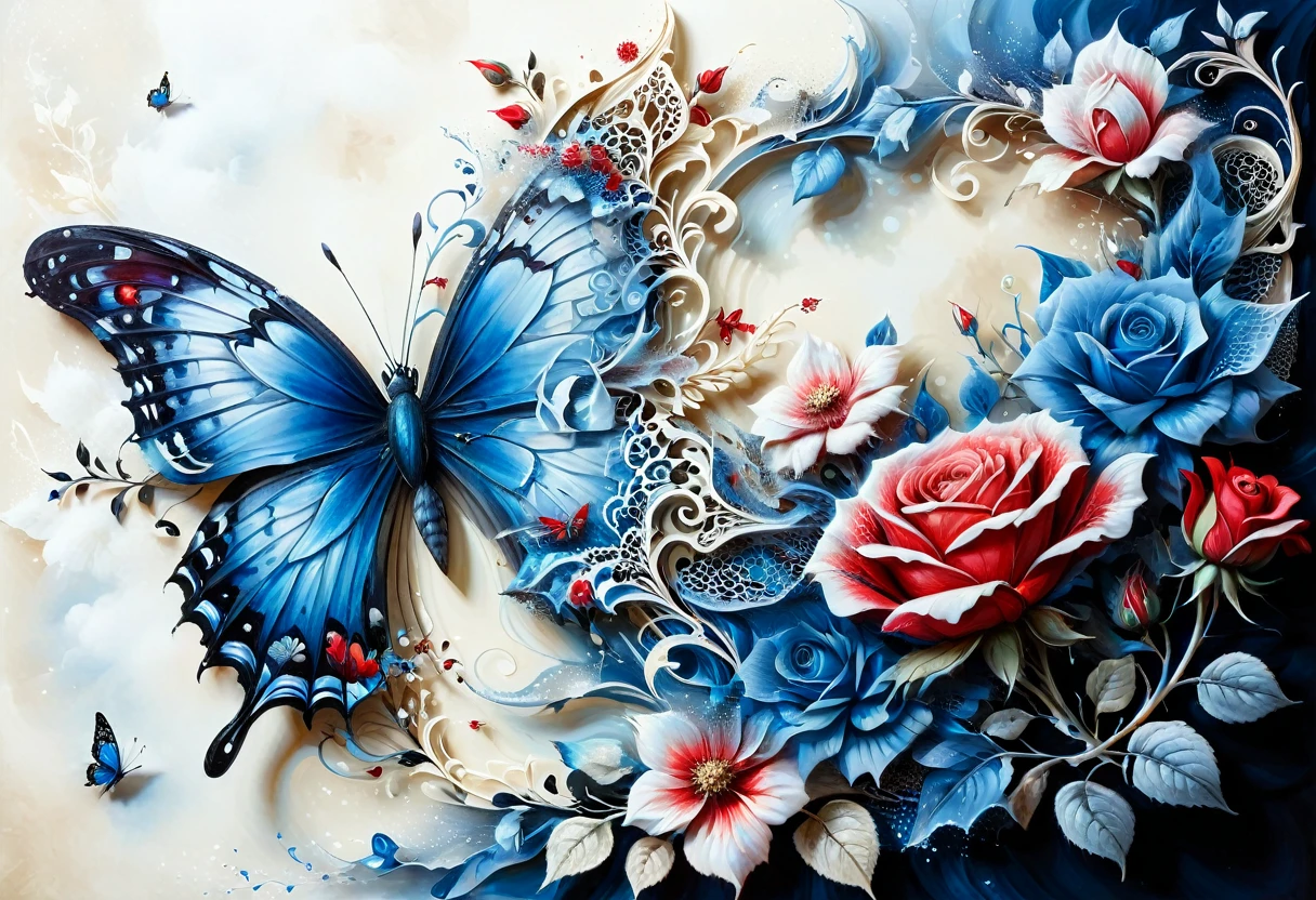 A two-layer painting with the effect of surreal volume by superimposing layers in different styles, a surreal grotesque image ((blue butterfly)) and (red rose flower) on one layer, surrounded by an elegant edging with an intricate pattern made by the second layer, the combination of two layers creates the illusion of volume, canvas, acrylic, transparency, filigree, clarity