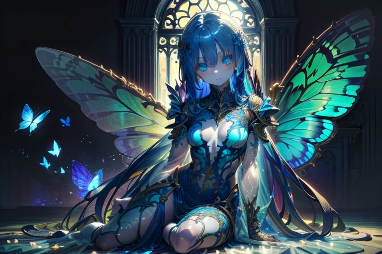 girl with blue butterfly wings, (Translucent skin:1.2), No humans, blue hair, partial fused exoskeleton, Beautiful eyes with fine symmetry, (Intricate details:1.4), (Highly detailed face and eyes:1.2), slim figure, many blue spectral butterflies, posing sitting for a photo, anime, fantasy, detailed background, 2D, CG, (Highly detailed), (high resolution), (Best quality), (masterpiece)
