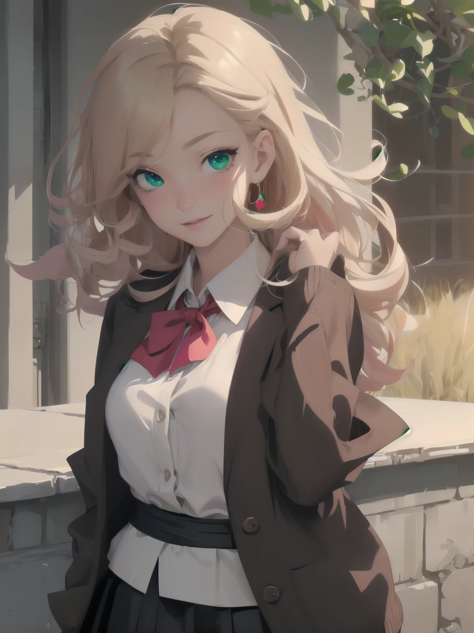 ((Tabletop, highest quality, High resolution, Perfect Pixel, Depth of written boundary, 4K))), One Girl, single, alone, Beautiful Anime Girls, Beautiful art style, Anime characters, ((Long Hair, bangs, Dark brown hair, Curly Hair:0.8)), ((Green Eyes:1.4, Fine grain, Beautiful Eyes, Perfect Eyes,Curled eyelashes, Realistic eyes)), ((Detailed face, Blushing:1.2)), ((Smooth texture:0.75, Realistic texture:0.5, Anime CG Style)), Medium chest, Dynamic Angle, Big Breasts, Perfect body, Dynamic pose, ((Red bow tie, , Black jacket, Open jacket, Brown cardigan, White shirt, Black Skirt, Checked skirt)), smile, Open your mouth, Put your arms behind your back, Leaning forward, Amalment Park