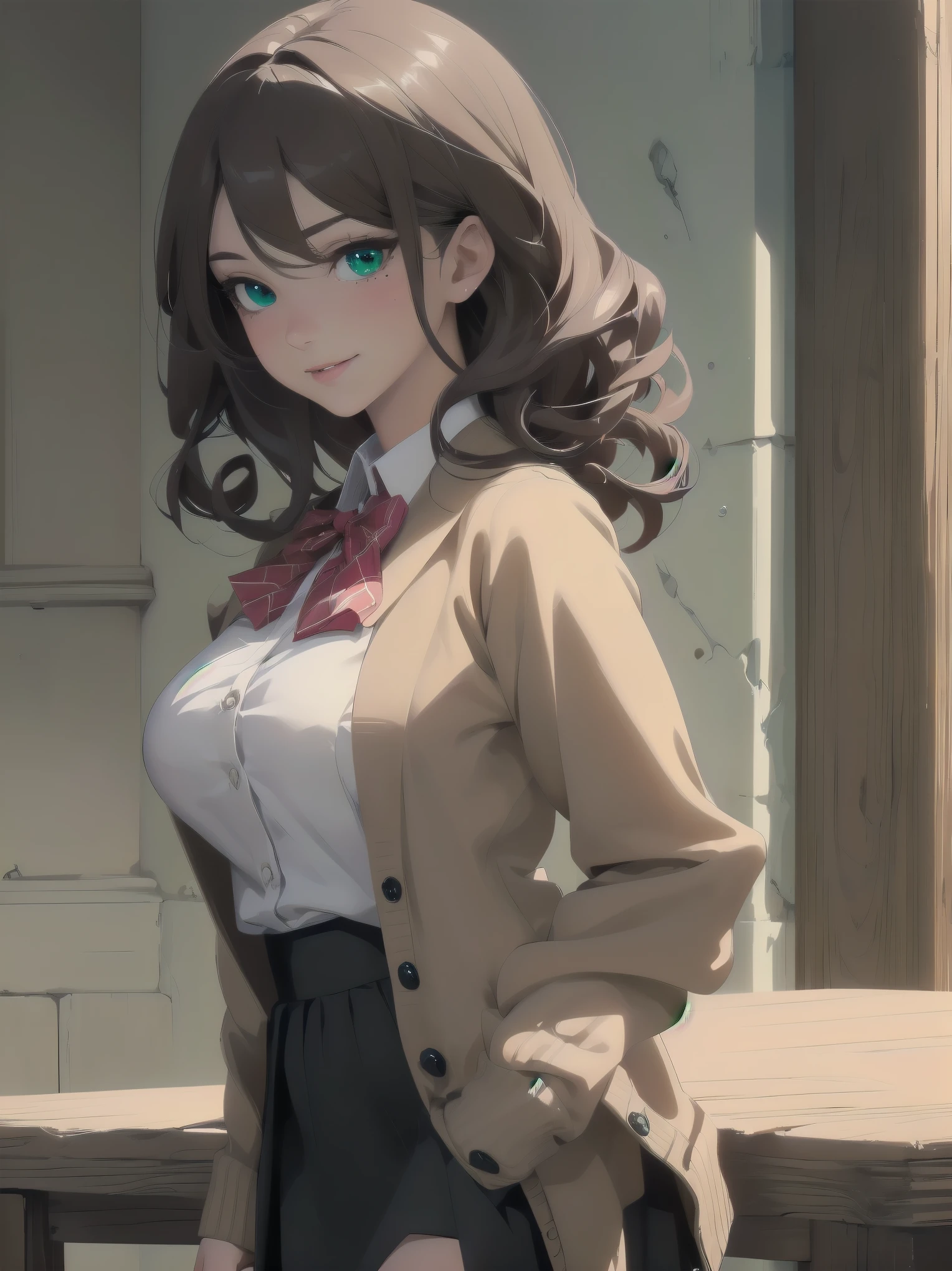 ((Tabletop, highest quality, High resolution, Perfect Pixel, Depth of written boundary, 4K))), One Girl, single, alone, Beautiful Anime Girls, Beautiful art style, Anime characters, ((Long Hair, bangs, Dark brown hair, Curly Hair:0.8)), ((Green Eyes:1.4, Fine grain, Beautiful Eyes, Perfect Eyes,Curled eyelashes, Realistic eyes)), ((Detailed face, Blushing:1.2)), ((Smooth texture:0.75, Realistic texture:0.5, Anime CG Style)), Medium chest, Dynamic Angle, Big Breasts, Perfect body, Dynamic pose, ((Red bow tie, , Black jacket, Open jacket, Brown cardigan, White shirt, Black Skirt, Checked skirt)), smile, Open your mouth, Put your arms behind your back, Leaning forward, Amalment Park
