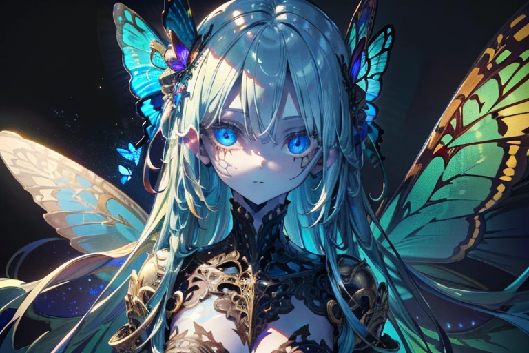 girl with blue butterfly wings, (Translucent skin:1.2), No humans, blue hair, partial fused exoskeleton, Beautiful eyes with fine symmetry, (Intricate details:1.4), (Highly detailed face and eyes:1.2), slim figure, many blue spectral butterflies, posing for a photo, anime, fantasy, detailed background, 2D, CG, (Highly detailed), (high resolution), (Best quality), (masterpiece)
