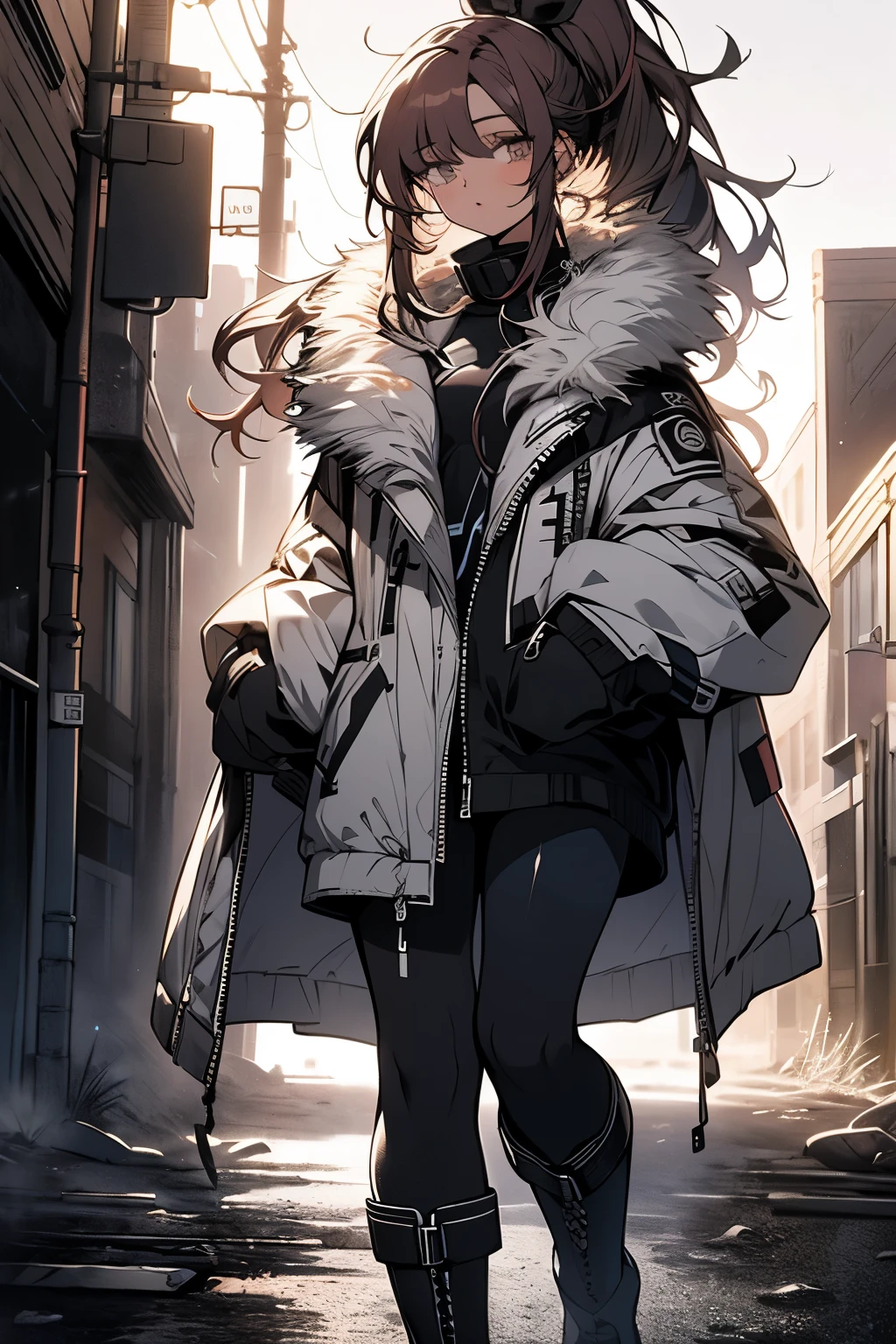 a woman redhaired, leggings, pleated skirt, sports top, high ponytail, high boots, long fur jacket, on a hazy moonlit night in a ghost town, monochrome style, line art, detailed face, detailed eye's, detailed lips, wide hips