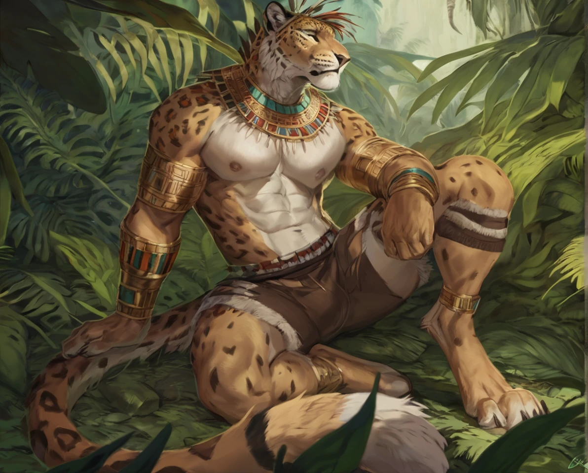 male leopard warriorr, solo, masterpiece, best art, digitigrade, by patto, by oouna, torn tribal outfit, aztec, detailed hands, detailed eyes, detailed torso, jungle, tired expression, muscular, abs, nipples,