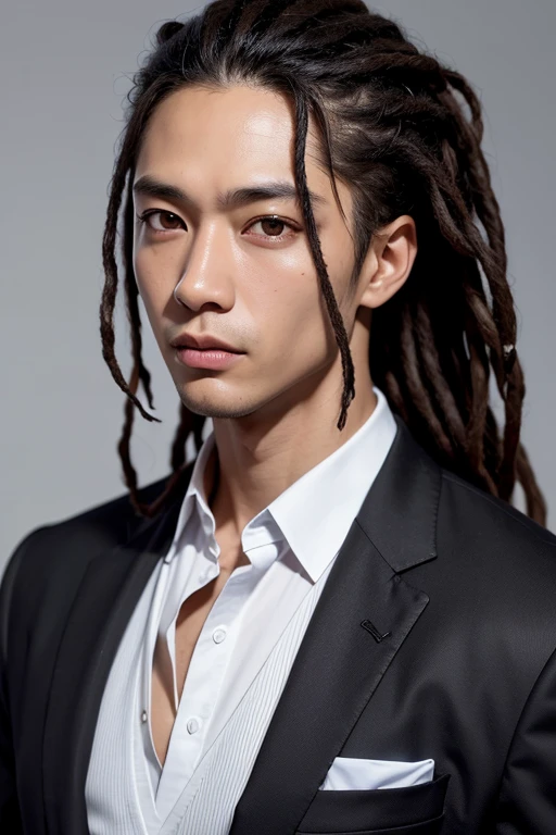 (highest quality, masterpiece),(Half Body Portrait: 1.4),降谷建志という名の50歳の黒人アメリカ人女male性のRAW UHDポートレート写真, Milk chocolate skin, Sunburn, Intricate eye detail, Dreadlocks, Muscular chest, super high quality, (male:1.5), (Asian:1.5), Modeled, (good looking:1.3), (Big eyes:1.3 ),(dark blown eyes:1.2), (Black suit:1.3),(office)