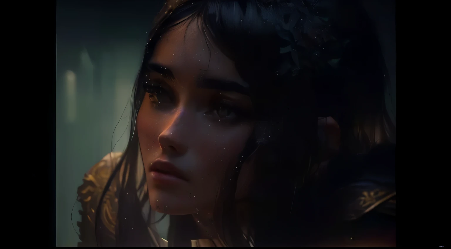 Arafed woman with long black hair looking at camera in dark room, ana de armas as joan of arc, dua lipa, Imogen Poots as a holy warrior, 2 0 2 1 4k cinematic frame, ana de armas, screenshot from the film, Madison Beer, Without clothing, photorealistic