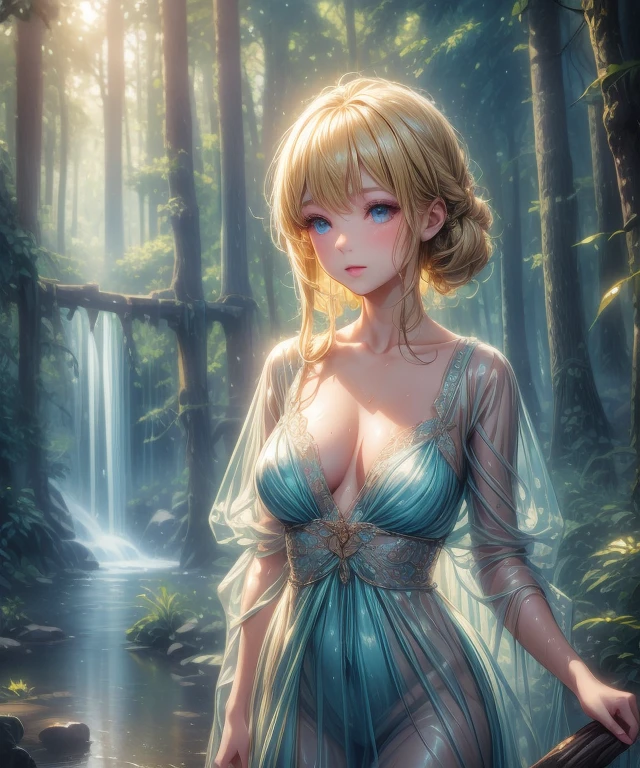 (masterpiece), (best quality), (detailed), light layer, 1solo girl, young girl in the forest, sexy transparent colonial dress, perfect body, blonde hair, defined chest, defined collarbone, ultra realistic, photorealistic, detailed, perky see-through nipple, wet clothes,  