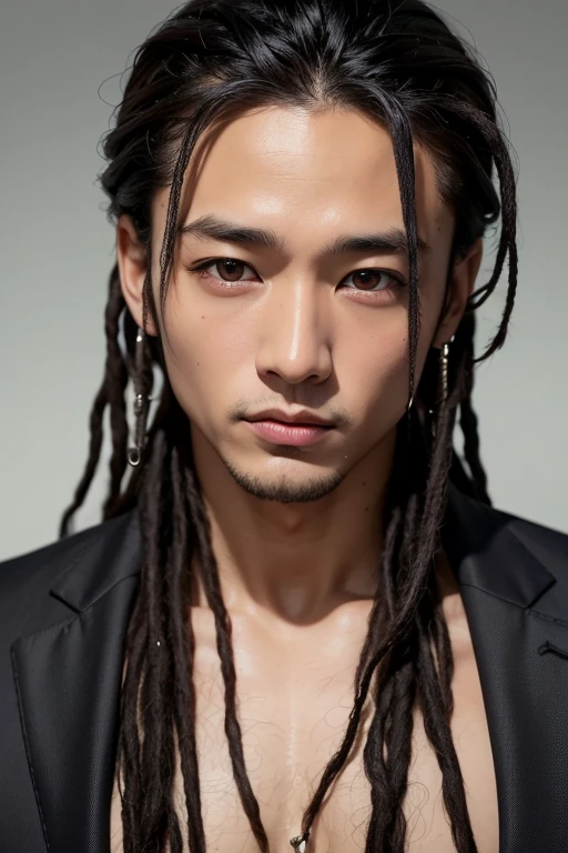 (highest quality, masterpiece),(Half Body Portrait: 1.4),降谷建志という名の50歳の黒人アメリカ人女male性のRAW UHDポートレート写真, Milk chocolate skin, Sunburn, Intricate eye detail, Dreadlocks, Muscular chest, super high quality, (male:1.7), (Asian:1.5), Modeled, (good looking:1.3), (Big eyes:1.3 ),(dark blown eyes:1.2),  (Black suit:1.3),(office)