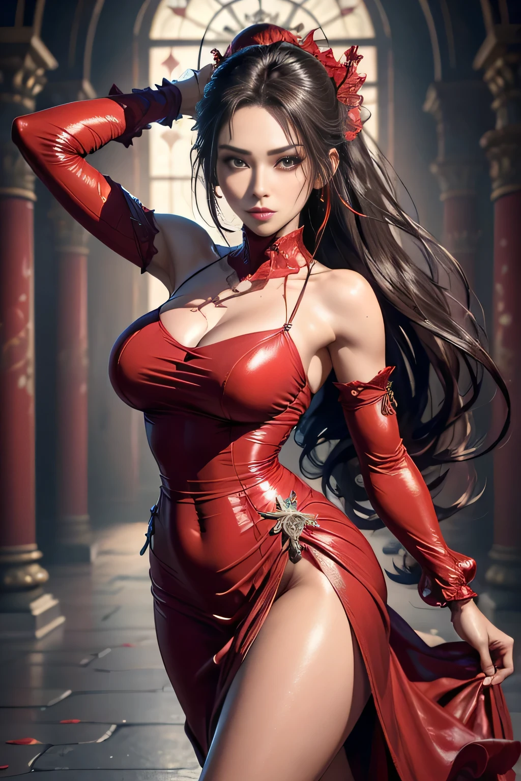 sfw, (skindentation:1.5), Realistic, Photorealistic, (masterpiece:1.5), concept art, intricate details, highly detailed, photorealistic, octane render, 8k, unreal engine, dynamic pose, best quality, highres, (realistic face:1.1), (hyperrealistic:1.1), (((full_body))), perfect eyes,(shiny skin:1.2), perfect hand, extremely detailed background, ((1girl)), ((wearing red long silky dress)), ((detailed eyes, high quality eyes, high quality face)), long black hair, messy ponytail, dramatic, depth of field, bokeh, 4k, ancient ruin, dancer, (((dancing))), long sleeves, (((red long chiffon dress))), turtle neck, bride, ((red veiling)), wearing bra,((skinny waist)), young asian girl, ((big breasted)),