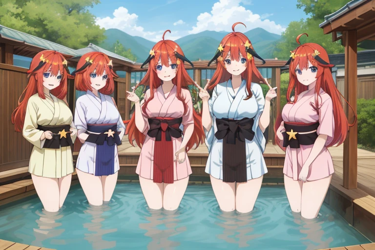 2d, masterpiece, best quality, anime, highly detailed, 5 girl, photo of 5 girl, quintuplets, nakano itsuki, red hair, long hair, star hair ornament, ahoge, large breasts, standing, onsen, brown kimono, outdoors, smile