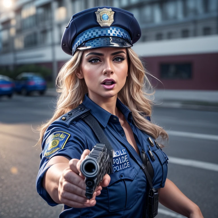 ((Female police officer pointing a gun at the camera: 1.2)), her blouse is very tight, it threatens to open her blouse, tight skirt, gun, fishnet stockings, over the knee boots, gun holster, red long fingernails, long black mascara eyelashes, eye shadow, gloss lipstick, copper blonde long hair, shiny Outfit, V-neck Blouse, in front of a police car, blue light, police cap, energetic facial expression, dynamically dangerous situation, annoyed, licking lips, lens flare, emphasis lines, Eye-Level Shot, Canon, Fujifilm, first-person view, dutch angle, wide shot, atmospheric perspective, cinematic lighting, masterpiece, retina, textured skin, high details