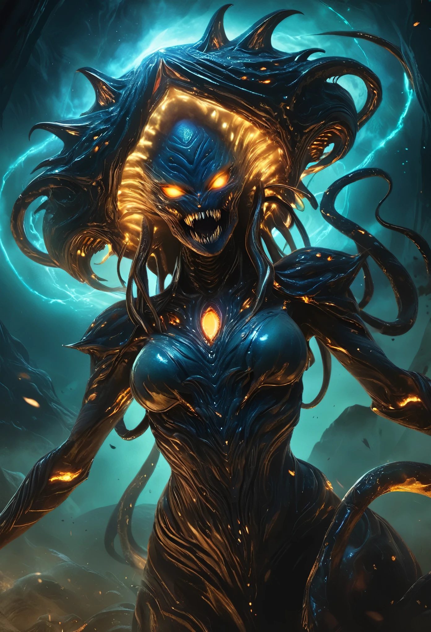 (best quality,highres,ultra-detailed:1.2),terrifying female alien,otherworldly portrait,nightmarish beauty,horrifying gaze,extraterrestrial creature,sharp teeth,glowing eyes,sinister smile,serpentine body,deadly claws,dark atmosphere,alien landscape,ominous lighting,vivid colors,horror,sci-fi,cosmic horror, (NSFW:1.5), a lot of eyes,