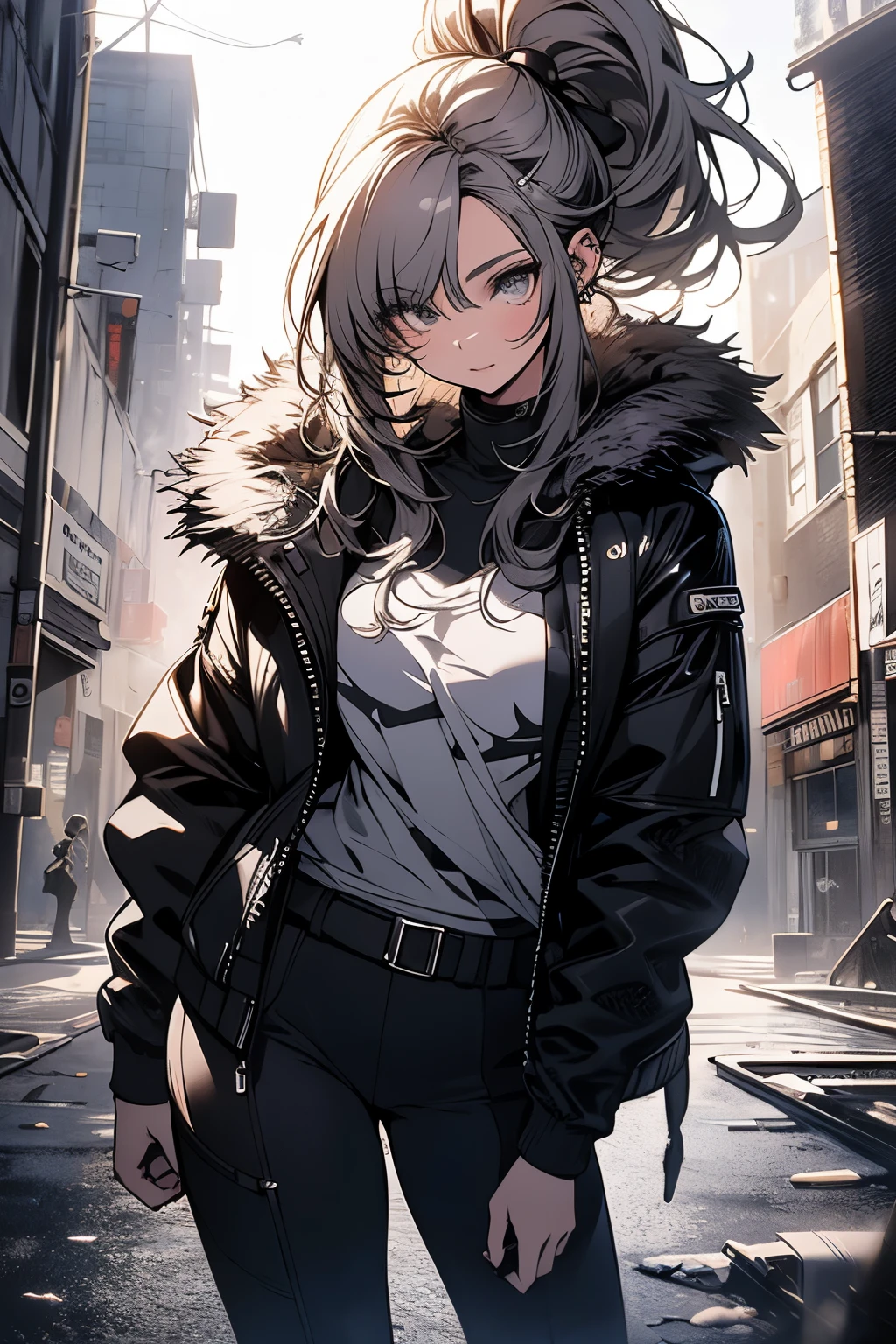 Original photo, best quality, full body photo), (Realistic, photo fidelity: 1.3), (Extremely delicate and beautiful: 1.1) 1 woman chiseled physique and wide hips, leggings, pleated skirt, sports top, high ponytail, high boots, long fur jacket, on a hazy moonlit night in a ghost town, monochrome style, line art, detailed face, detailed eye's, detailed lips, wide hips
