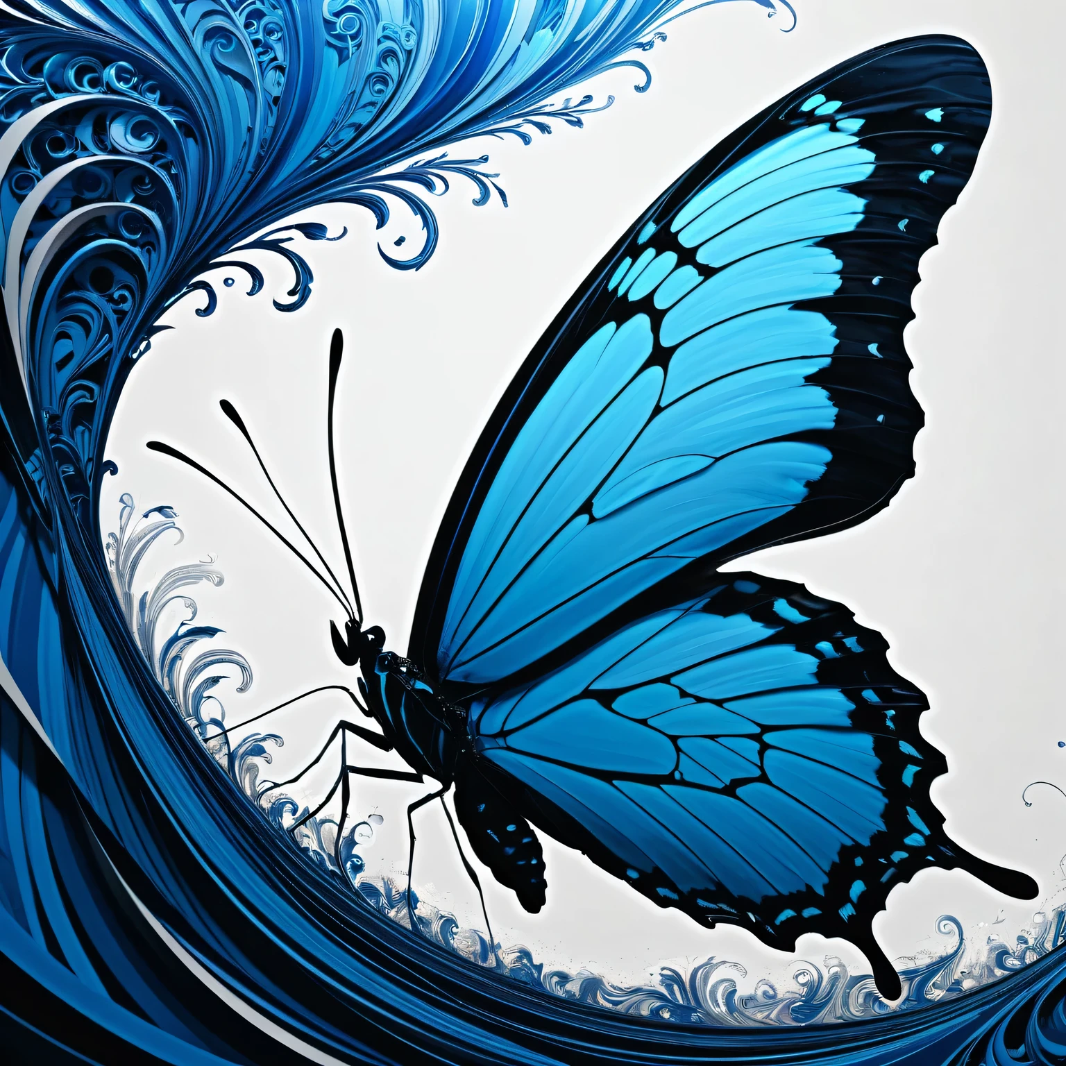 Baron (blue butterfly):1.305, Line art, Wave art, darcklighting art, difficult, detailed, intricate, perfect, masterpiece, abstraction, Real, detailed, Movie Still, Film Still, Cinematic