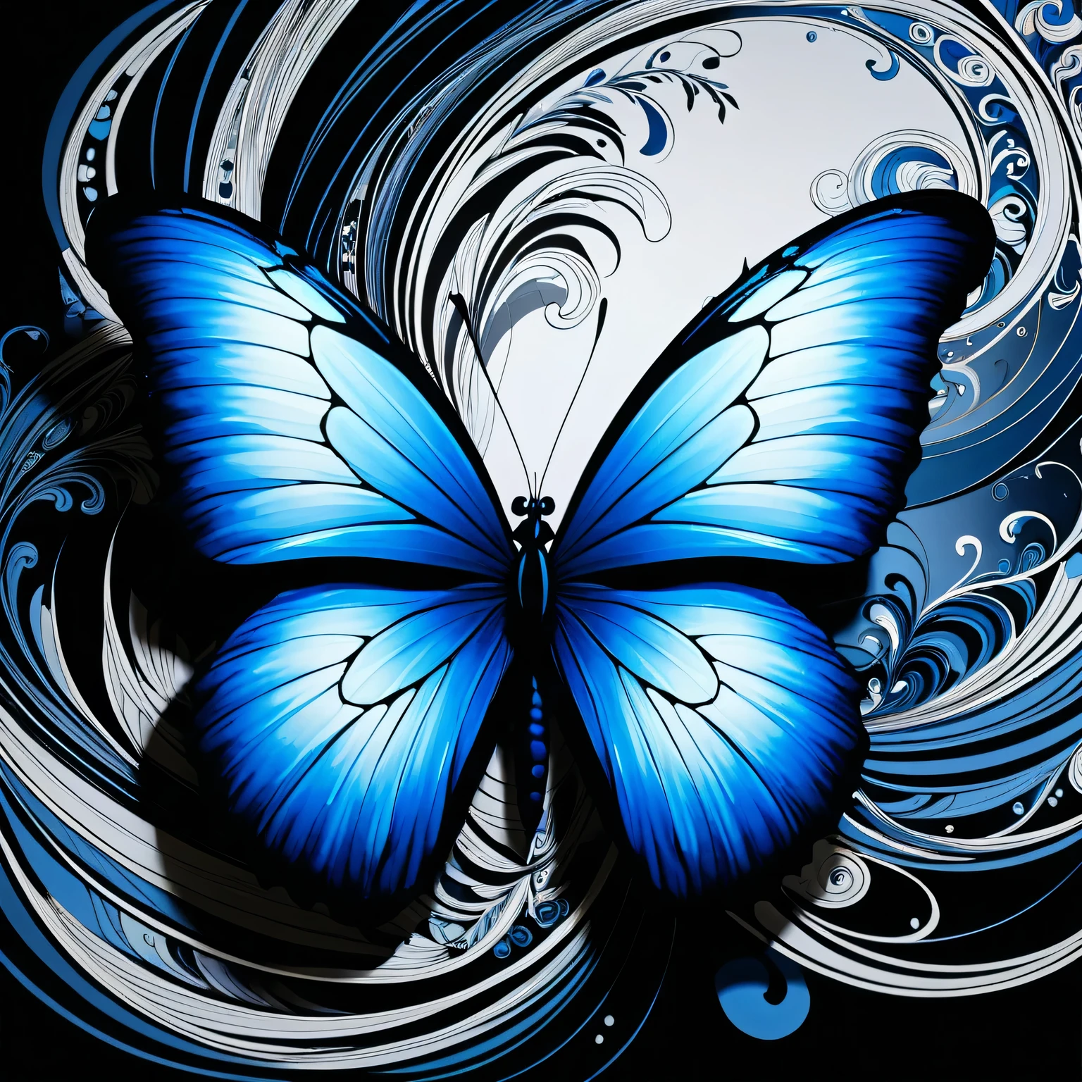 Baron (blue butterfly):1.305, Line art, Wave art, darcklighting art, difficult, detailed, intricate, perfect, masterpiece, abstraction, Real, detailed, Movie Still, Film Still, Cinematic