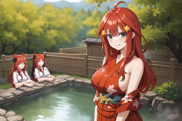 2d, masterpiece, best quality, anime, highly detailed, 5 girl, photo of 5 girl, quintuplets, nakano itsuki, red hair, long hair, star hair ornament, ahoge, large breasts, standing, onsen, brown yukata, outdoors, smile