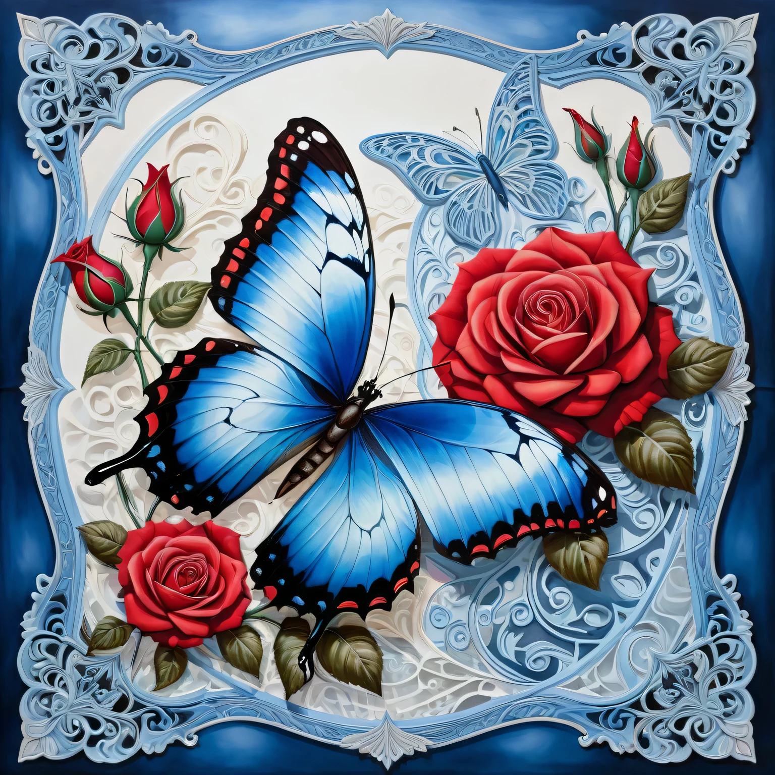 A two-layer painting with the effect of surreal volume by superimposing layers in different styles, a surreal grotesque image ((blue butterfly)) and (red rose flower) on one layer, surrounded by an elegant edging with an intricate pattern made by the second layer, the combination of two layers creates the illusion of volume, canvas, acrylic, transparency, filigree